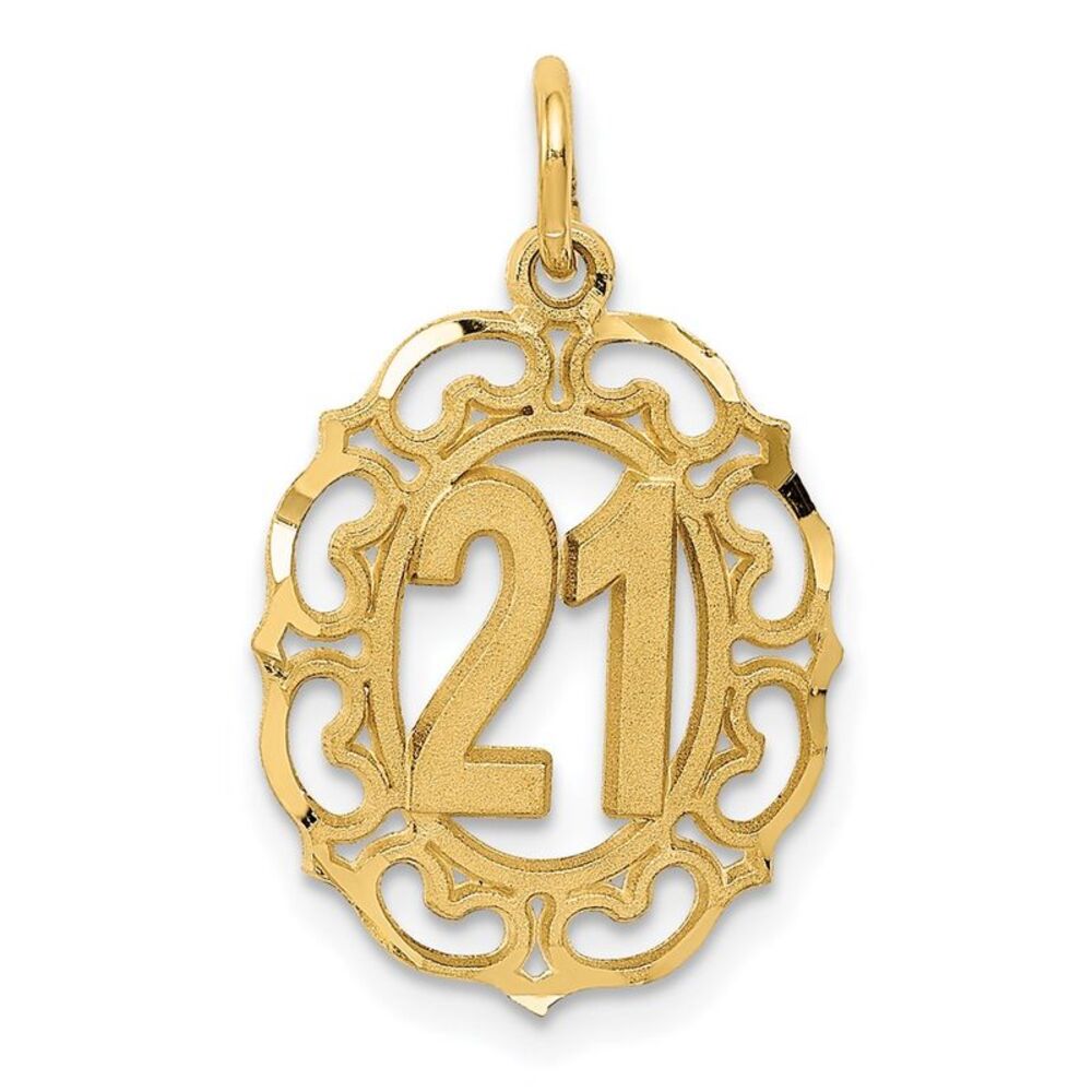 14k Yellow Gold Number 21 Oval Heart Accent Charm or Pendant, 14mm